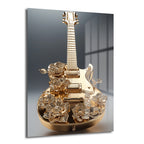 Altın Melodi: Lüks Çiçekli Gitar Sanat Cam Tablo, altın rengi bir gitarın narin çiçek detaylarıyla süslendiği, modern ve şık bir duvar dekorasyon ürünüdür.