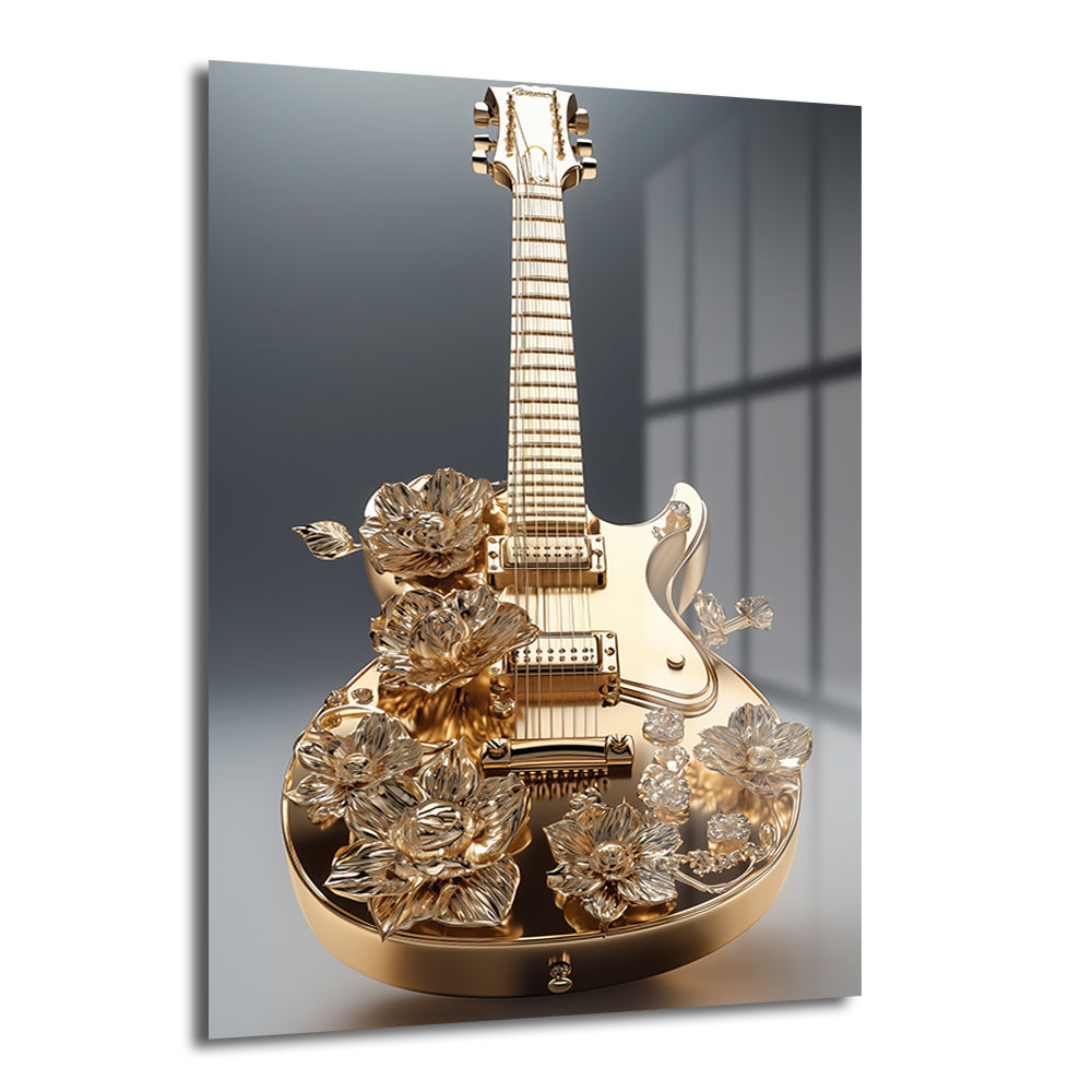 Altın Melodi: Lüks Çiçekli Gitar Sanat Cam Tablo, altın rengi bir gitarın narin çiçek detaylarıyla süslendiği, modern ve şık bir duvar dekorasyon ürünüdür.