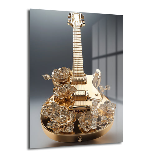 Altın Melodi: Lüks Çiçekli Gitar Sanat Cam Tablo, altın rengi bir gitarın narin çiçek detaylarıyla süslendiği, modern ve şık bir duvar dekorasyon ürünüdür.