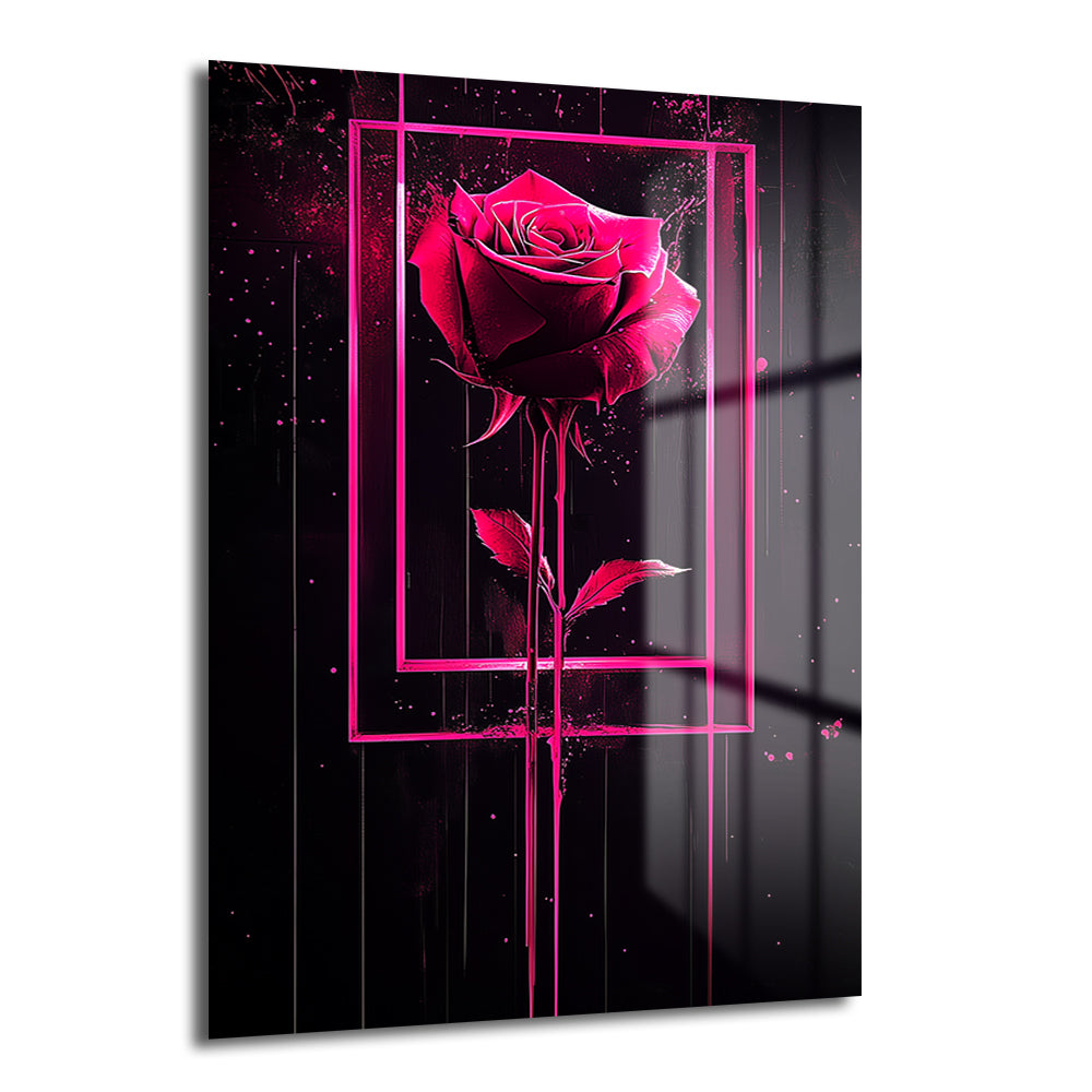 Dramatik Pembe Gül: Neon Çerçeveli Modern Sanat Cam Tablo, siyah zemin üzerinde neon pembe renkte, damlayan efektlerle stilize edilmiş bir gülü gösteriyor.