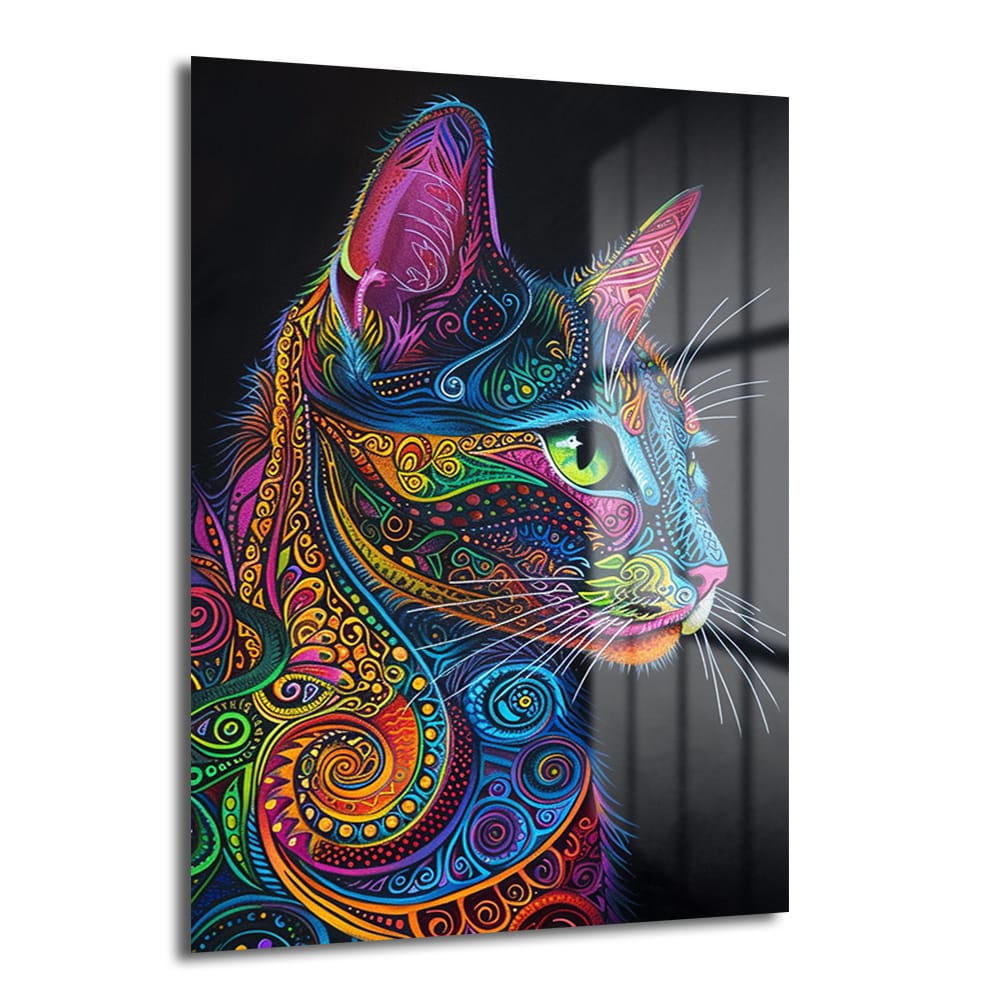 Renkli Rüyaların Bekçisi: Canlı Desenli Kedi Cam Tablo, Glazella'dan, canlı ve hipnotize edici mandala desenleriyle süslenmiş bir kediyi betimleyen, 4mm temperli UV baskılı modern duvar sanatı. Ev ve ofis dekorasyonu için idealdir.