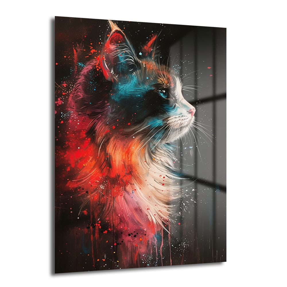 Vibrant Kedi: Modern Sanat Temperli Cam Tablo, dinamik renklerle işlenmiş, modern sanat tarzında, canlı bir kedi figürünü gösteren, yüksek kaliteli temperli camdan yapılmış bir duvar dekoru.