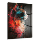 Vibrant Kedi: Modern Sanat Temperli Cam Tablo, dinamik renklerle işlenmiş, modern sanat tarzında, canlı bir kedi figürünü gösteren, yüksek kaliteli temperli camdan yapılmış bir duvar dekoru.