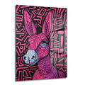 Neon Eşek: Pop Art Tarzı Canlı Pembe Cam Tablo, siyah zemin üzerinde neon pembe geometrik desenler ve stilize eşek figürüyle modern bir sanat eseri.