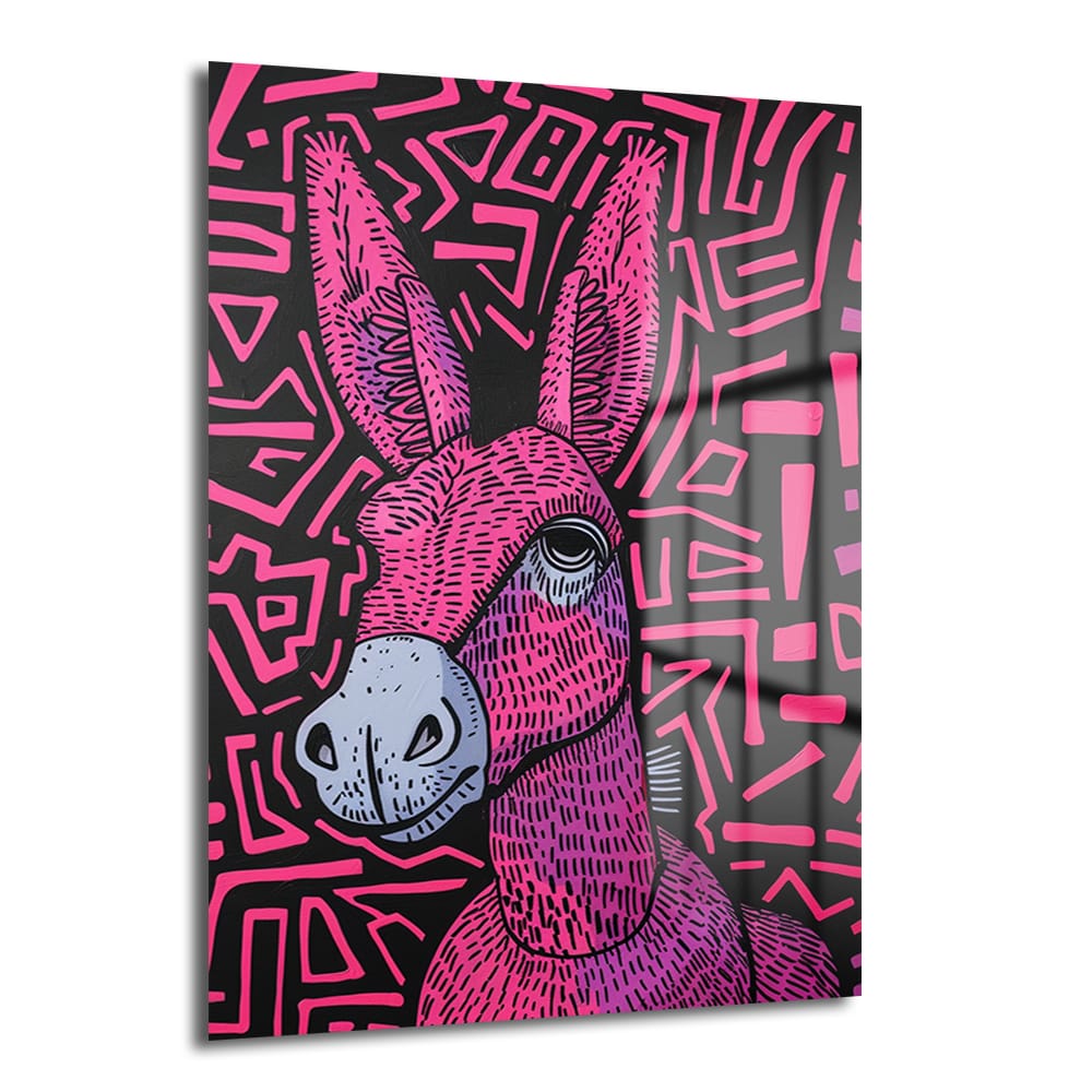 Neon Eşek: Pop Art Tarzı Canlı Pembe Cam Tablo, siyah zemin üzerinde neon pembe geometrik desenler ve stilize eşek figürüyle modern bir sanat eseri.