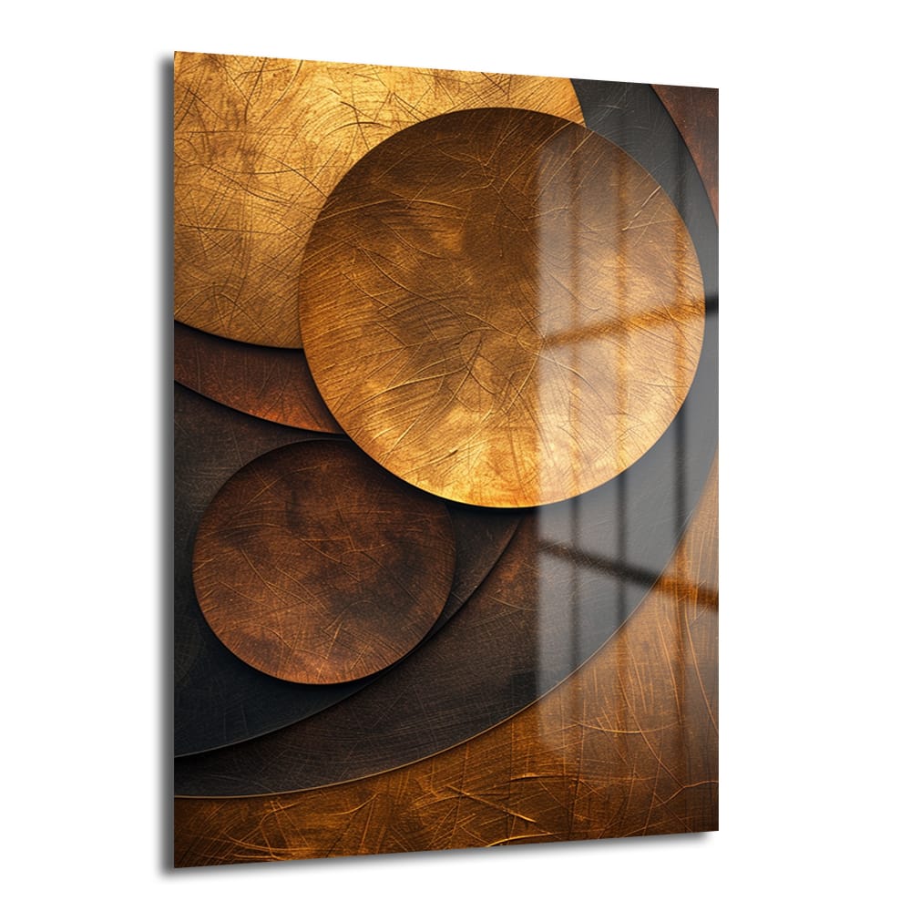 Altın ve Bronzun Dansı: Modern Geometrik Soyut Cam Tablo, altın, bronz, kahverengi ve siyah tonlarında, üst üste binen dairesel ve kavisli metalik geometrik formlara sahip soyut bir duvar sanatı.
