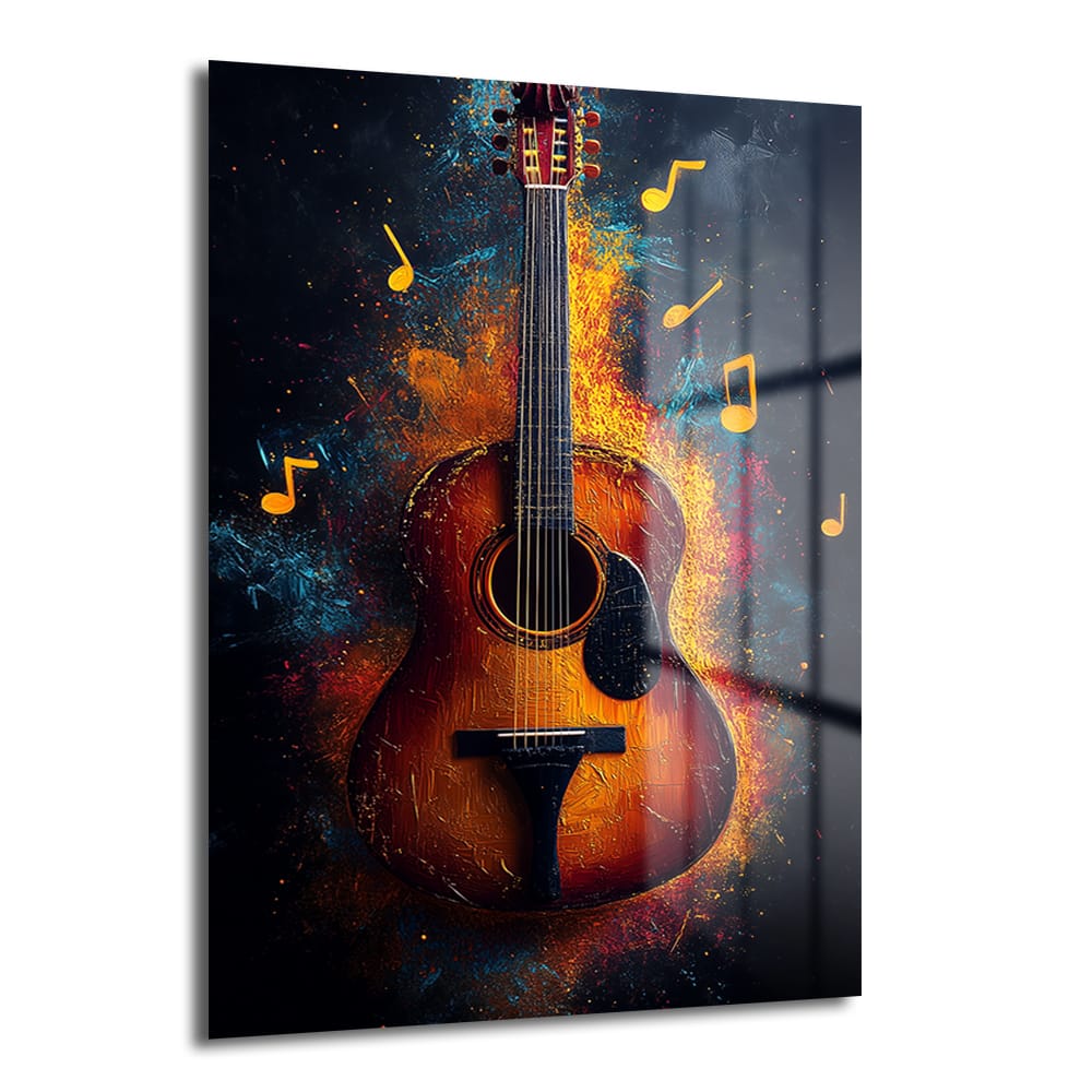 Melodinin Dansı: Enerjik Gitar Temalı Soyut Cam Tablo, canlı renklerde soyut bir gitar figürü ve sarı notalarla müzikal bir dansı betimleyen modern bir duvar sanatı.