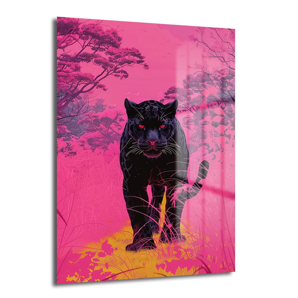 Neon pembe ve mor ormanda kırmızı gözlü siyah panterin asil duruşunu sergileyen Neon Ormanın Hükümdarı: Siyah Panter Modern Cam Tablo.