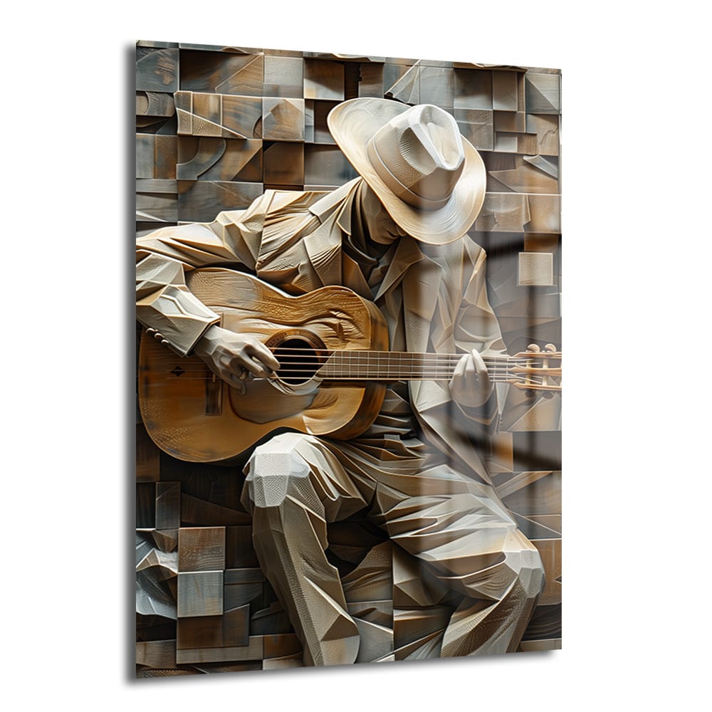 Geometrik Uyum: Gitarist Sanat Temalı Modern Cam Tablo, şapkalı bir gitaristin soyut çizgiler ve kahverengi, bej, gri tonlarıyla modern sanatı yansıtan dekoratif cam duvar tablosu.