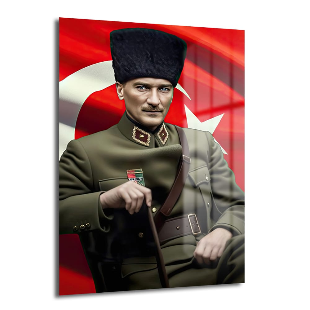 Askeri üniformalı Gazi Mustafa Kemal Atatürk'ün ve dalgalanan şanlı Türk Bayrağı'nın yer aldığı, milli ruhu yansıtan, Glazella marka 'Atatürk ve Şanlı Türk Bayrağı: Milli Ruh Cam Tablo' ürünü.