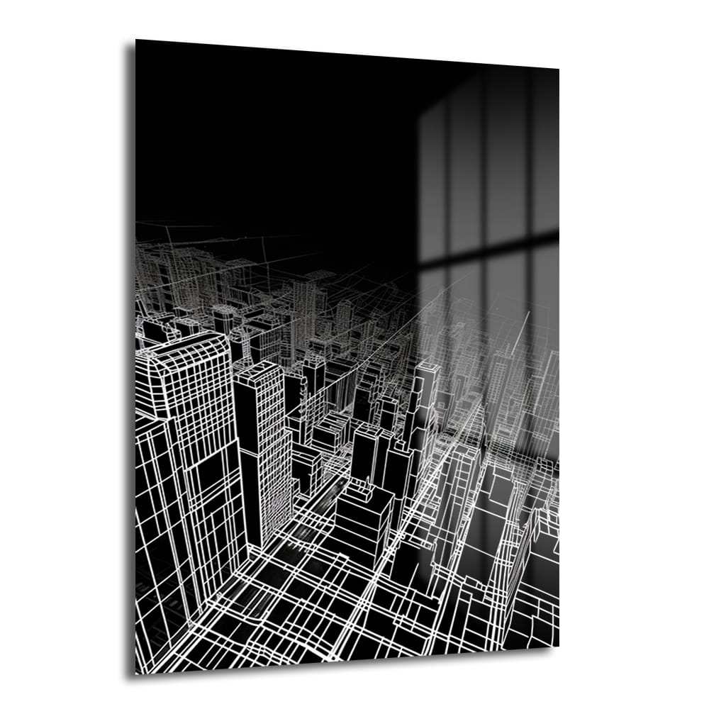 Fütüristik Şehir Manzarası: Modern Siyah Beyaz Wireframe Cam Tablo, siyah ve beyazın keskin çizgileriyle oluşturulmuş, üç boyutlu, modern ve fütüristik bir şehir siluetini gösteren dekoratif cam tablo.