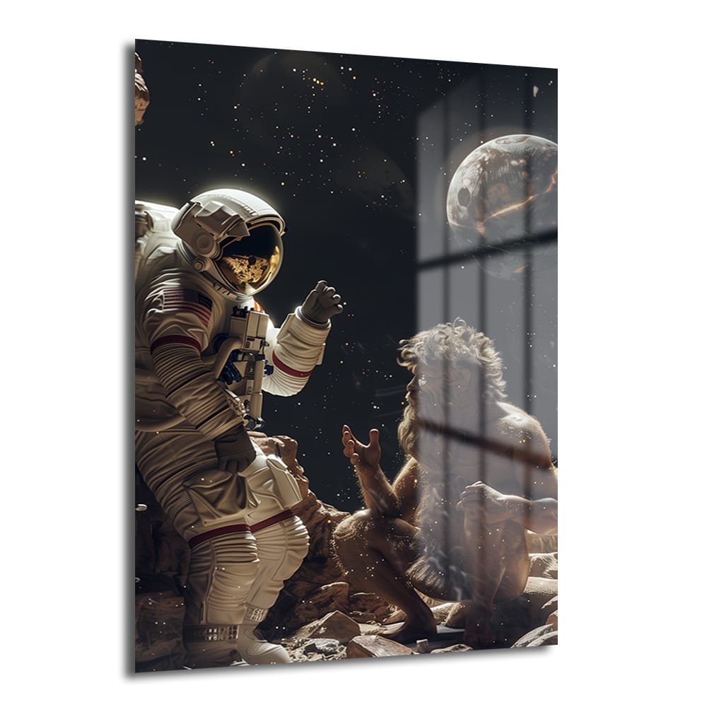 Evrensel Karşılaşma: Uzay ve İlk İnsan Temalı Temperli Cam Tablo, bir astronotun uzayda ilkel bir figürle karşılaştığı, yıldızlar ve gezegenlerle dolu modern bir duvar sanatı.