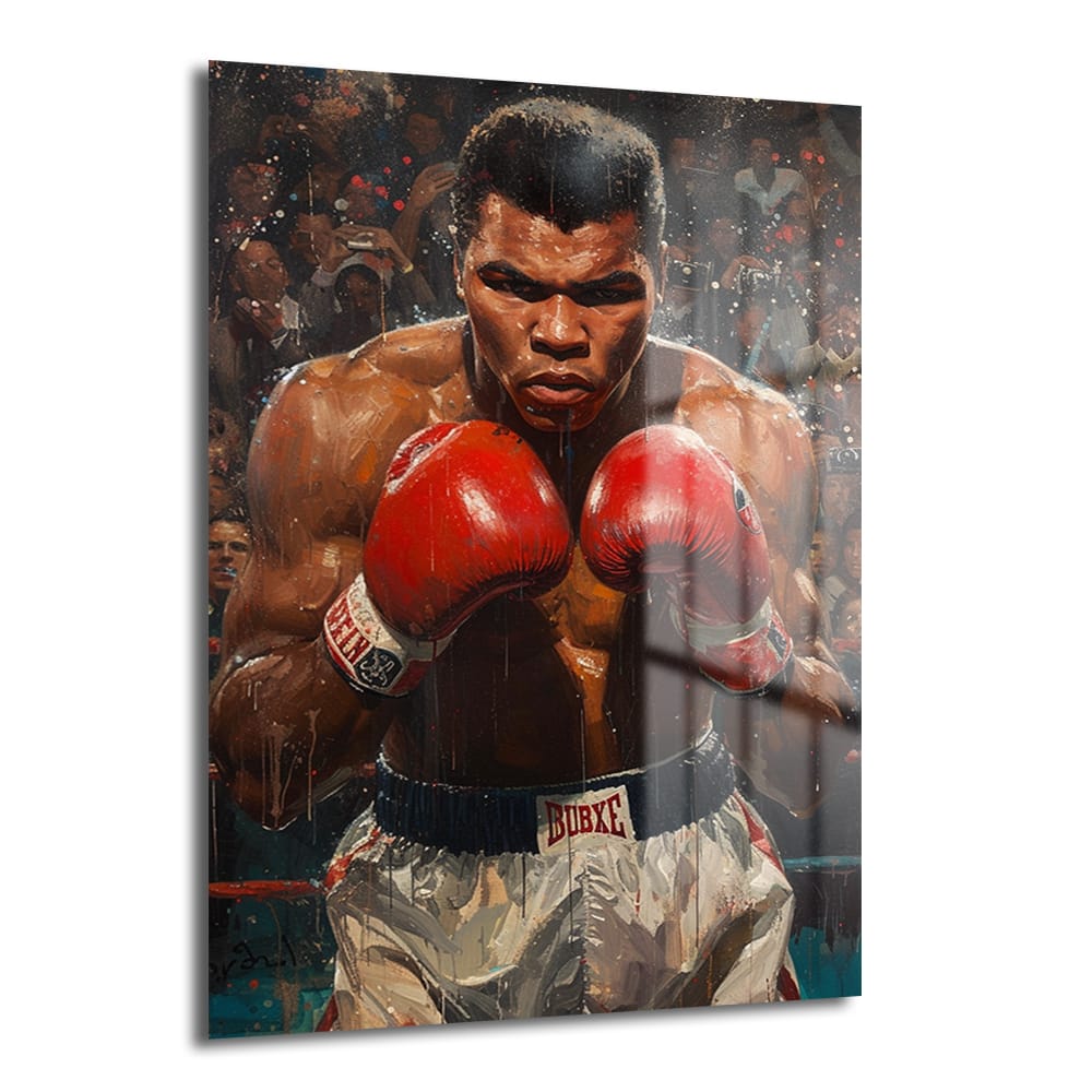 Efsanevi Ruh: Muhammed Ali Boksör Portre Dekoratif Cam Tablo, ringde kararlı bakışları, kahverengi teni ve kırmızı eldivenleriyle efsanevi boksör Muhammed Ali'yi canlı renklerle gösteren modern bir cam tablodur.