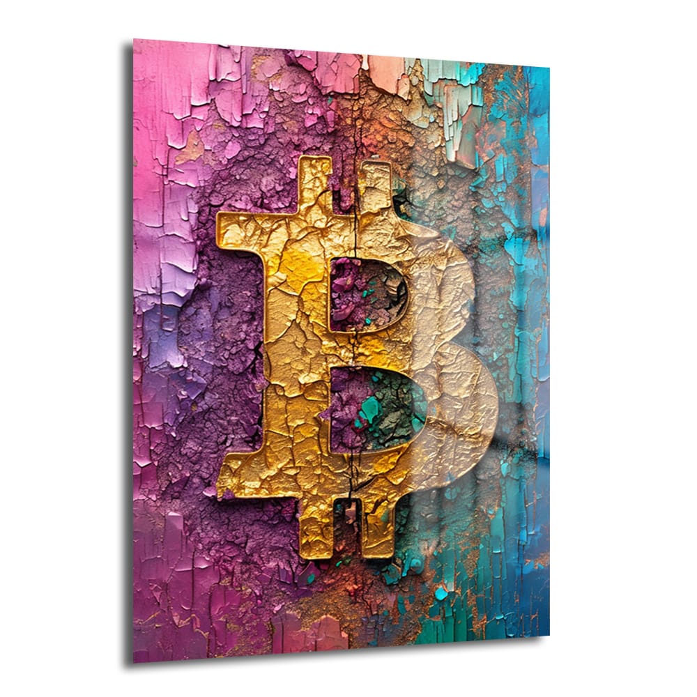 Canlı pembe, mor, altın ve turkuaz renklerde çatlak dokulu bir zeminde modern bir Bitcoin sembolünü gösteren Dinamik Bitcoin: Canlı Renklerle Modern Kripto Sanat Cam Tablo.