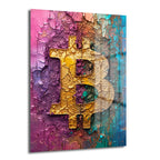 Canlı pembe, mor, altın ve turkuaz renklerde çatlak dokulu bir zeminde modern bir Bitcoin sembolünü gösteren Dinamik Bitcoin: Canlı Renklerle Modern Kripto Sanat Cam Tablo.