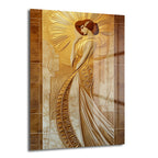 Altın Işıltılı Zarafet: Modern Art Deco Kadın Cam Tablo, altın, bronz ve krem tonlarında, stilize edilmiş Art Deco kadın figürü içeren, temperli camdan yapılmış lüks bir duvar dekoru.