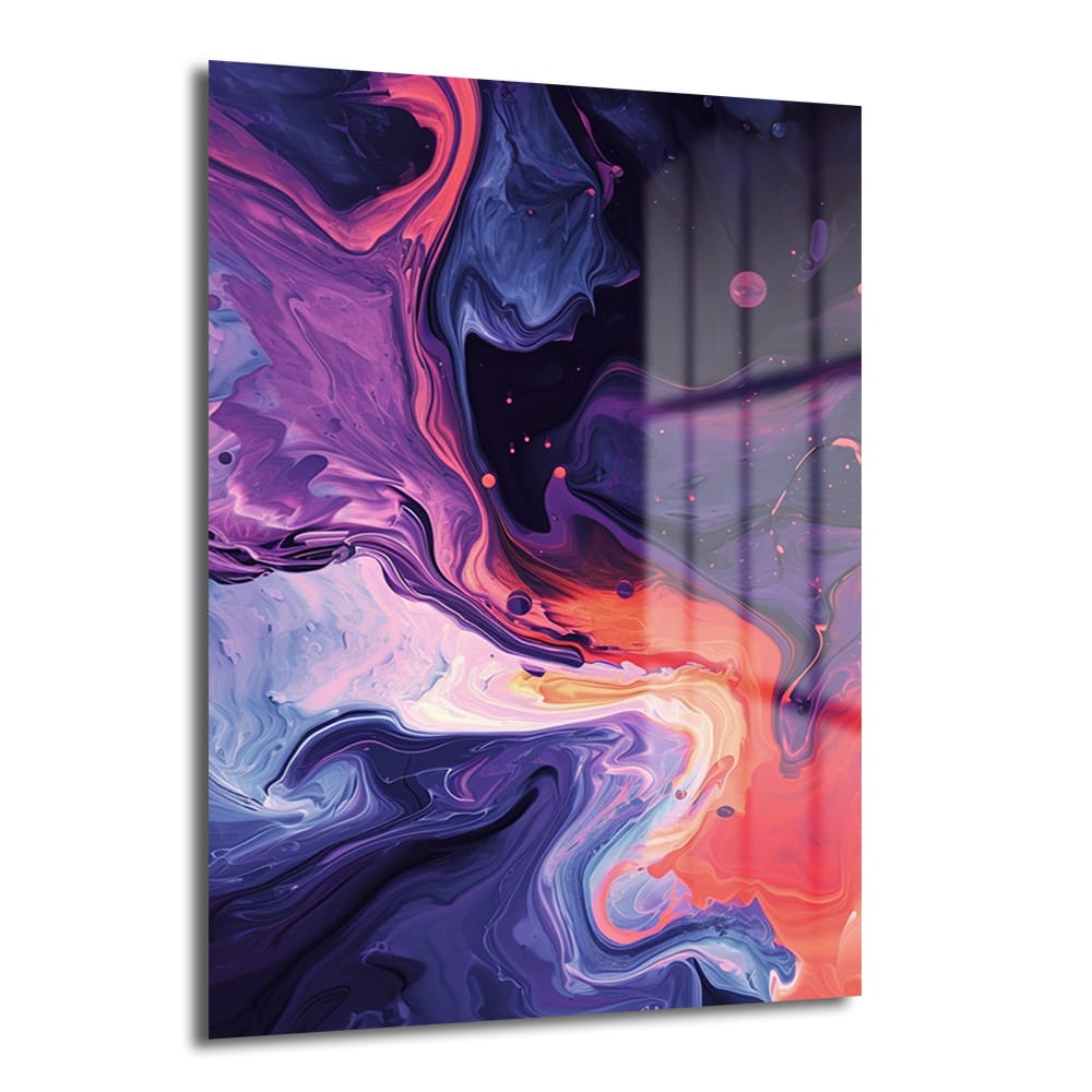 Evrensel Akış: Mor ve Pembe Tonlarında Soyut Temperli Cam Tablo, akışkan mor ve pembe tonlarında modern soyut sanatı yansıtan parlak yüzeyli dekoratif cam tablo.