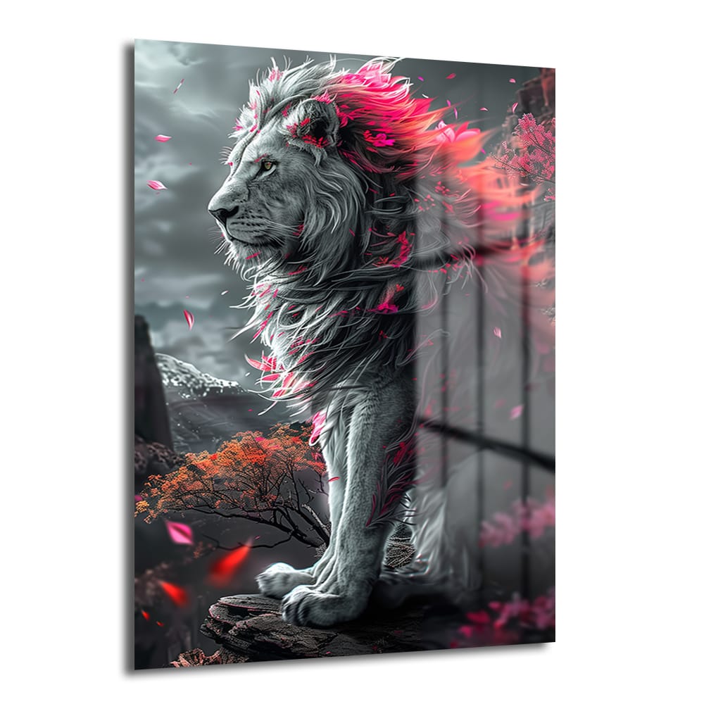 İhtişamlı Pembe Yeleli Aslan Cam Tablo, gri tonlarında aslan figürü, canlı pembe yeleleri, düşen yapraklar ve bulutlu gökyüzü detaylarıyla modern ve dekoratif bir duvar sanatı eseridir.