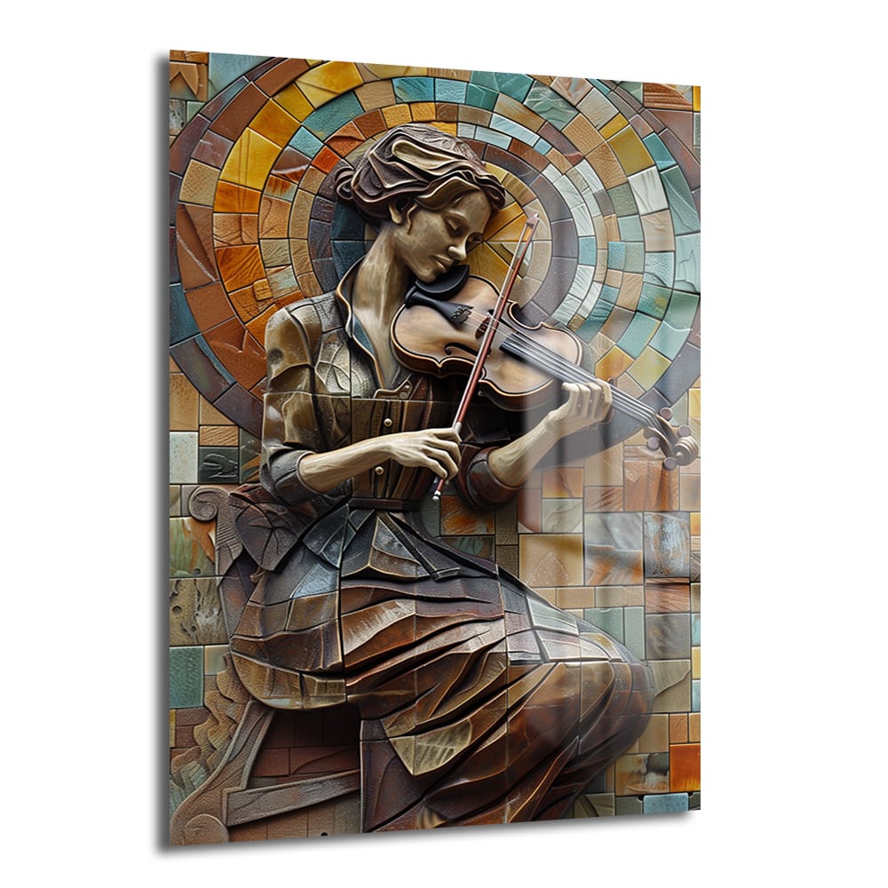Ruhun Melodisi: Mozaik Sanat Keman Çalan Kadın Cam Tablo, keman çalan bir kadını mozaik ve kübist sanat tarzında, bakır, bronz ve toprak tonlarıyla modern mavi-yeşil nüanslarla gösteren dekoratif bir cam tablo.