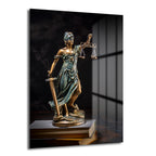 Adaletin Sembolü: Lady Justice Temperli Cam Tablo, gözleri bağlı, elinde terazi ve kılıç tutan Lady Justice figürünü koyu bir arka plan üzerinde gösteren, ofis ve salonlar için modern ve dayanıklı bir cam tablo.