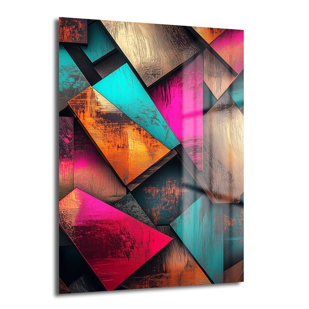 Dinamik Bloklar: Canlı Renklerle Modern Soyut Temperli Cam Tablo, pembe, turkuaz, turuncu ve altın tonlarında geometrik ve soyut desenlere sahip, dayanıklı temperli camdan yapılmış modern bir duvar dekorasyonu.