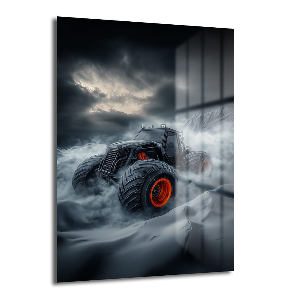 Fırtınalı bir gökyüzünün altında dumanlar içinde yükselen, siyah ve turuncu kontrastlı Adrenalin Dolu Monster Truck: Güç ve Hızın Cam Tablosu.
