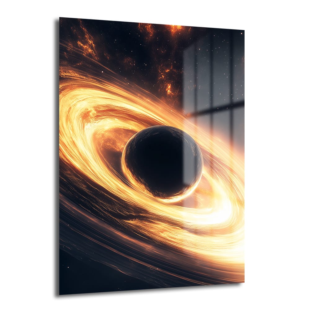 Kozmik Çekim: Galaktik Spiral Cam Tablo, turuncu ve sarı tonlarda galaktik bir spiralin gizemli bir gezegen etrafında döndüğü, uzay temalı modern bir duvar dekoru.