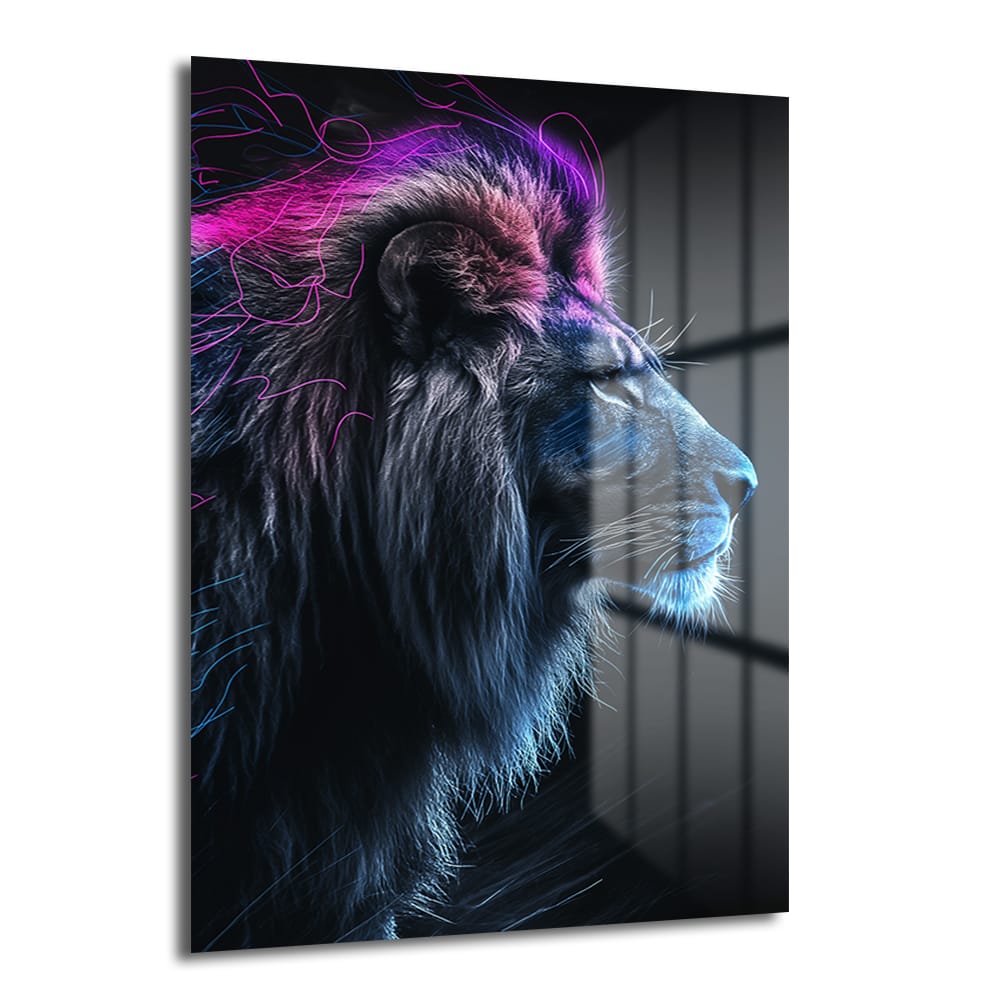 Aslanın Ruhu: Neon Işıltılı Modern Cam Tablo