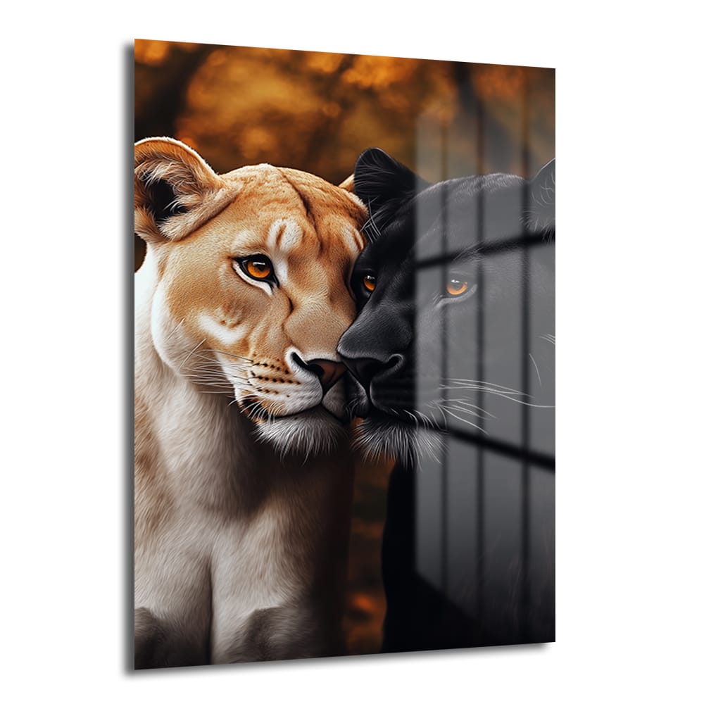 Aslan ve Kara Panterin Büyülü Dansı: Güç ve Uyum Temalı Cam Tablo, altın rengi aslan ile gizemli kara panterin sıcak sonbahar tonlarında bir araya geldiği, 4mm temperli cam üzerine UV baskılı modern duvar sanatı.