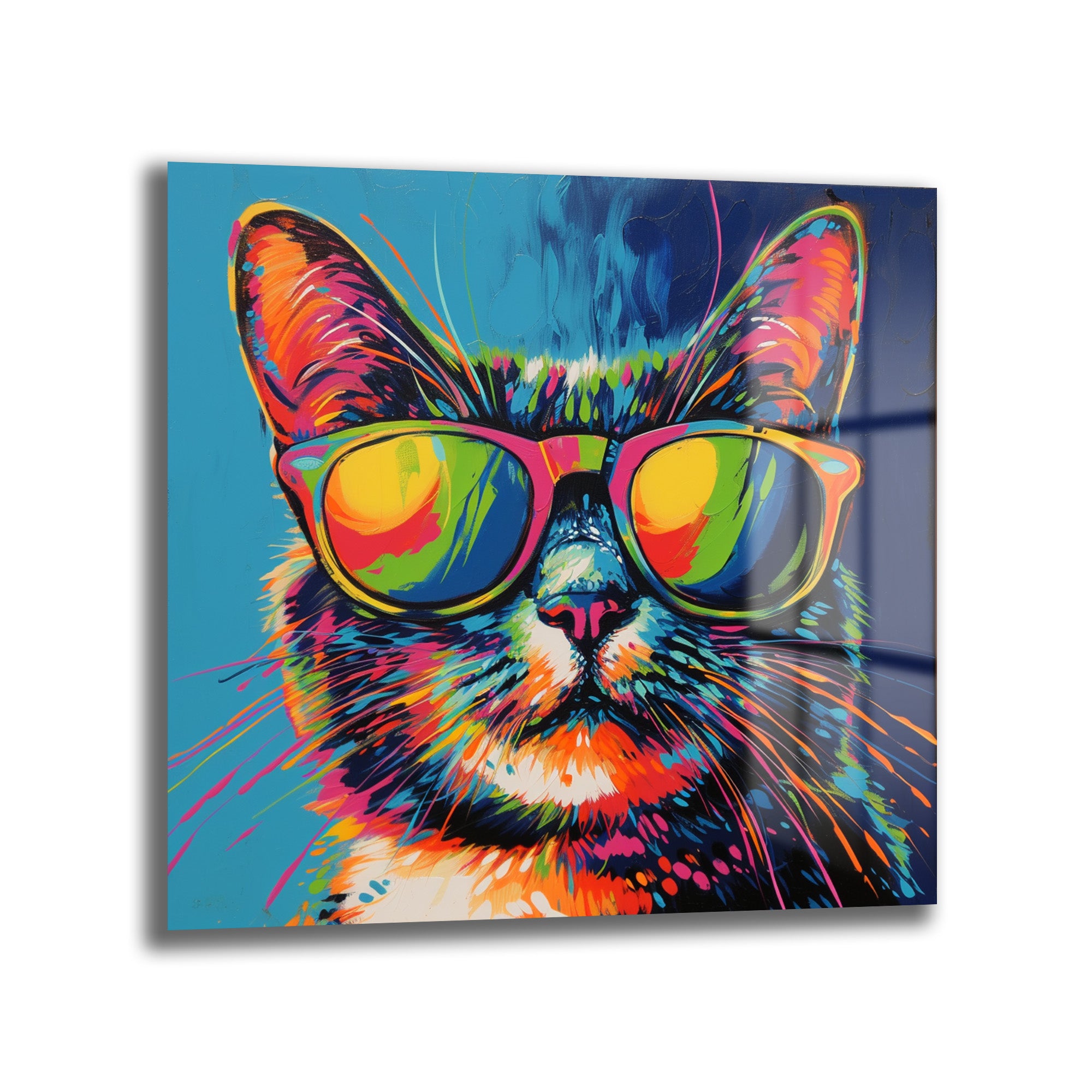Urban Cool: Gözlüklü Kedi Pop Art Temperli Cam Tablo, canlı renklerde güneş gözlüklü havalı bir kediyi modern pop art tarzında gösteren dayanıklı temperli cam duvar sanatı.