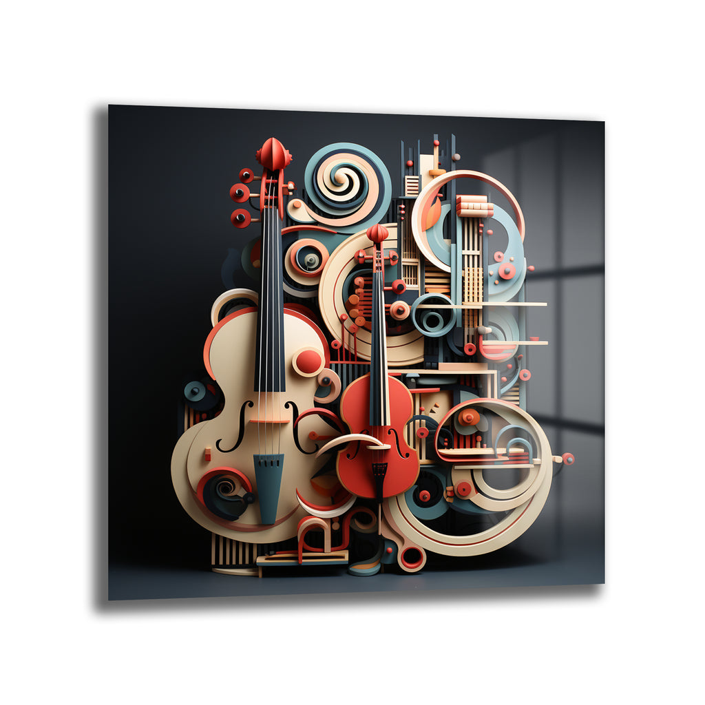 Koyu gri fon üzerinde soyut ve geometrik şekillerle oluşturulmuş iki keman ve müzik enstrümanlarının dinamik kompozisyonu. Kırmızı, krem, açık mavi ve turuncu tonlarında modern sanat cam tablo.