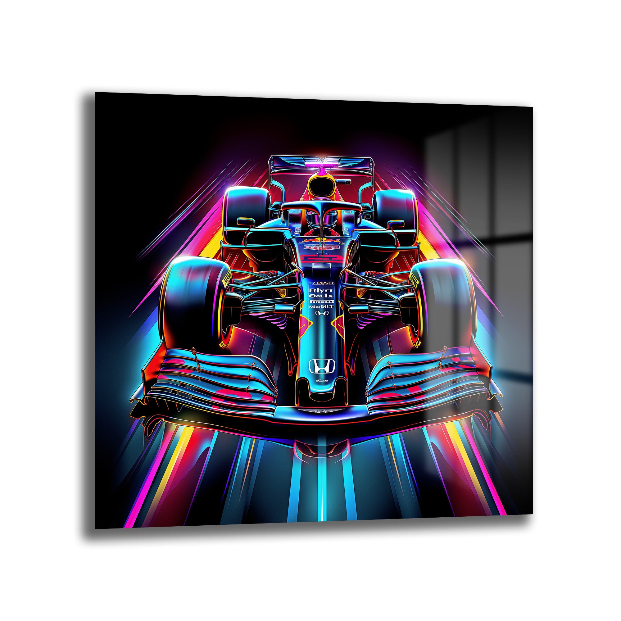 Koyu arka plan üzerinde, neon pembe, mavi, mor ve sarı ışık efektleriyle çevrili, önden görünen parlak ve detaylı bir Formula 1 yarış arabası cam tablo.