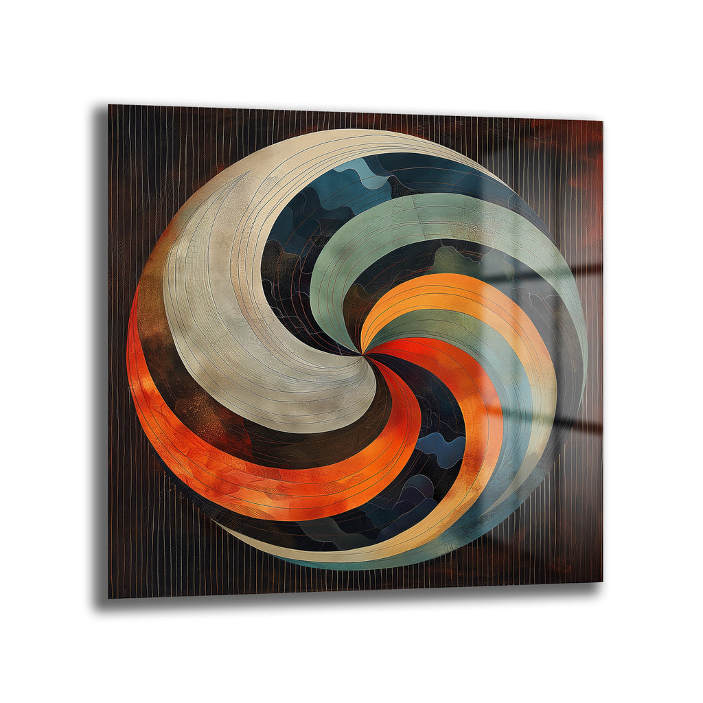 Koyu kahverengi dikey çizgili bir arka plan üzerinde, merkezden dışa doğru spiral şeklinde yayılan, turuncu, bej, koyu mavi ve mint yeşili tonlarında geometrik ve soyut bir girdap deseni oluşturan modern cam tablo.