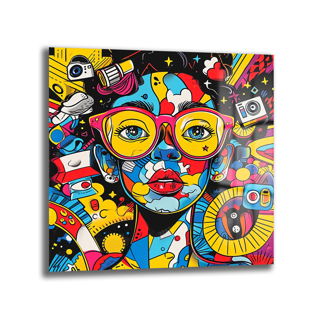 Canlı sarı, mavi, kırmızı ve pembe tonlarında, pop art tarzında stilize edilmiş, sarı çerçeveli gözlüklü bir kadın yüzünün ve çevresindeki soyut kamera ve geometrik desenlerin yer aldığı modern cam tablo.