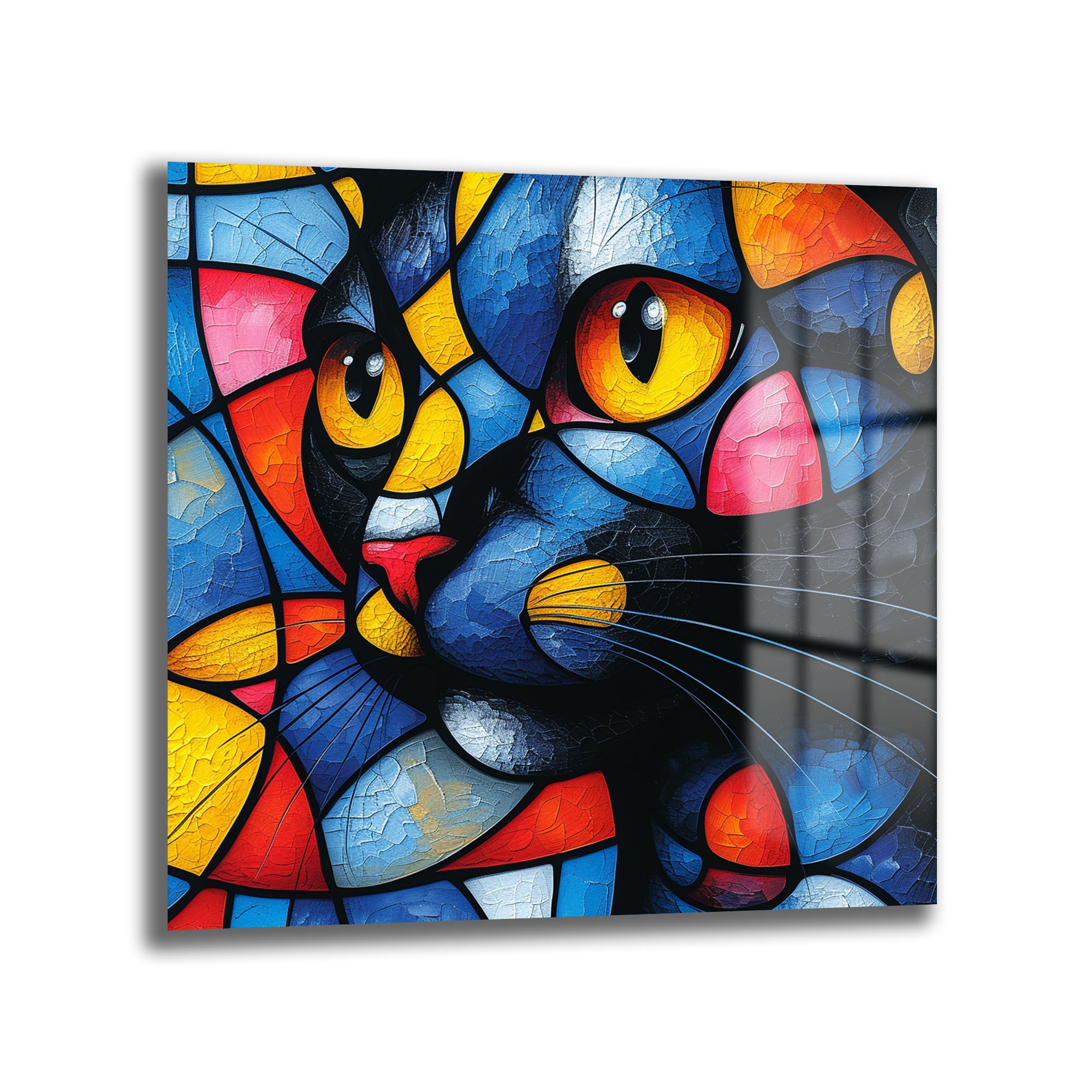 Mozaik Kedi Dansı: Canlı Renkli Soyut Temperli Cam Tablo, modern bir ev veya ofis dekorasyonu için canlı renklerde soyut mozaik kedi figürü içeren dayanıklı temperli cam duvar sanatı.
