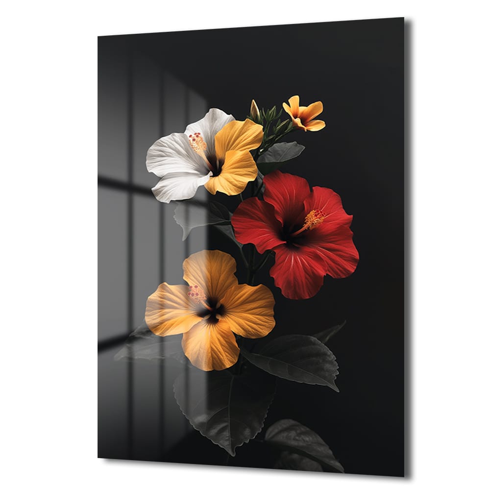Canlı Hibiskus Rüyası: Modern Çiçekli Temperli Cam Tablo