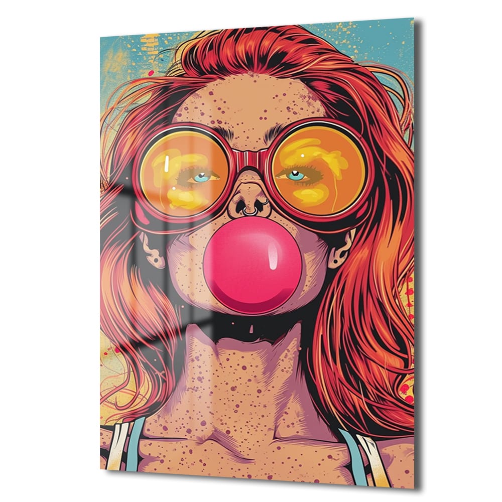 Pop Art Sakız Balonlu Kız: Canlı ve Asi Ruh Cam Tablo