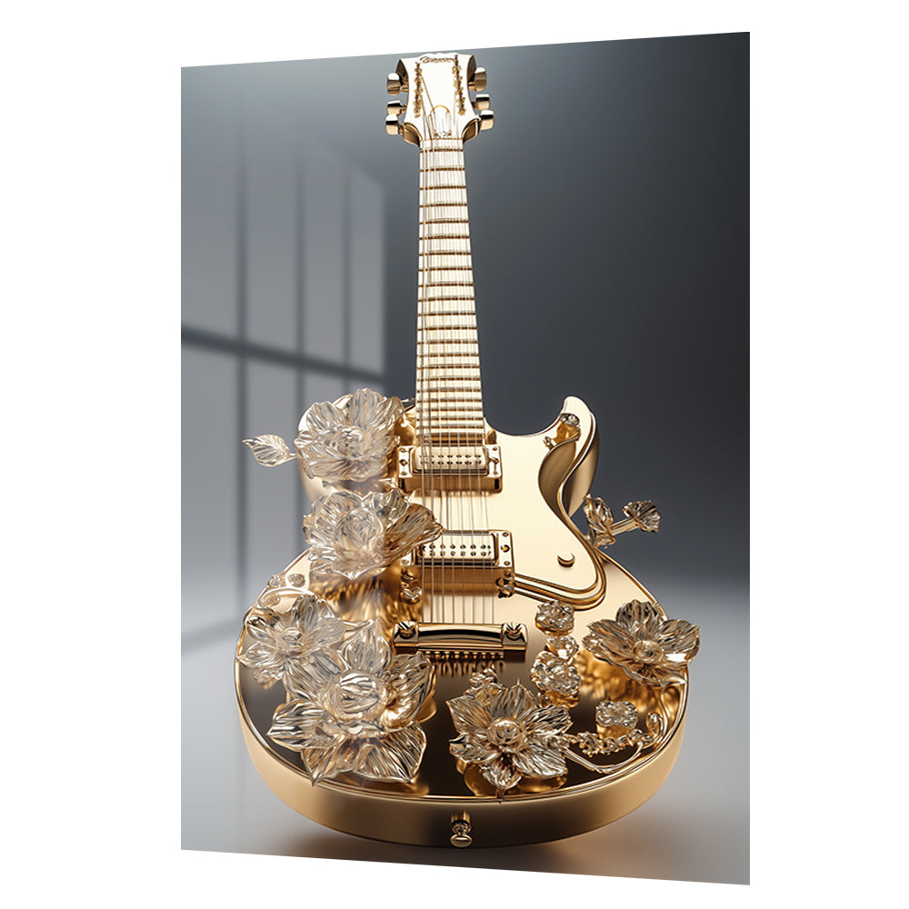 Altın Melodi: Lüks Çiçekli Gitar Sanat Cam Tablo
