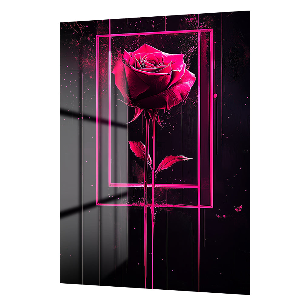 Dramatik Pembe Gül: Neon Çerçeveli Modern Sanat Cam Tablo