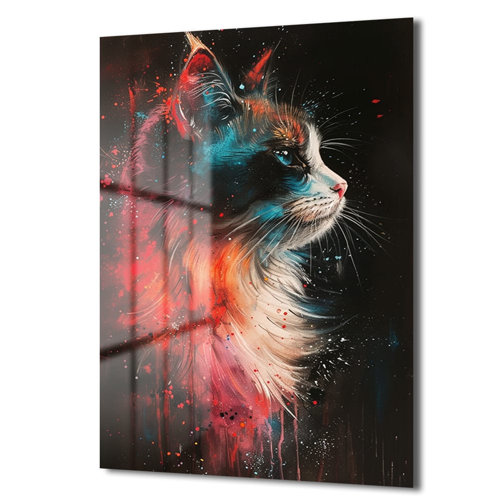 Vibrant Kedi: Modern Sanat Temperli Cam Tablo