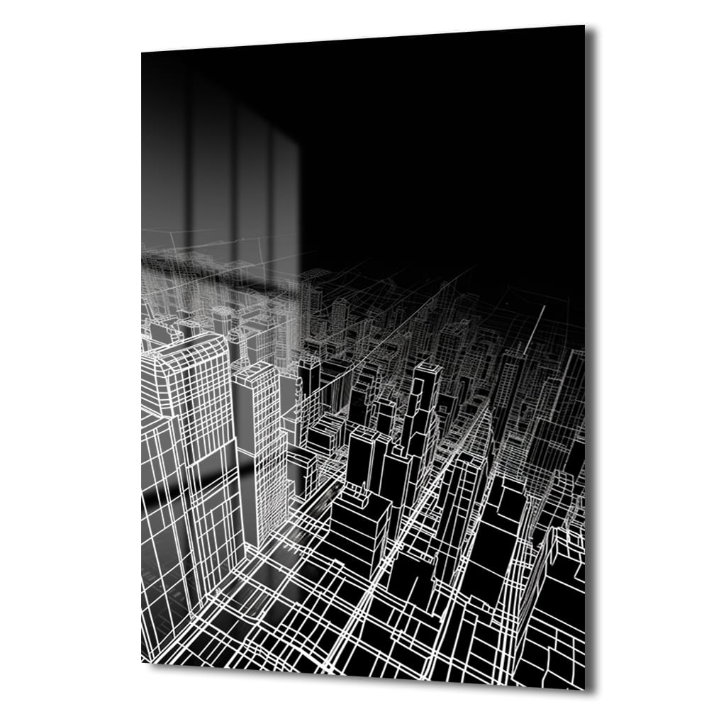 Fütüristik Şehir Manzarası: Modern Siyah Beyaz Wireframe Cam Tablo