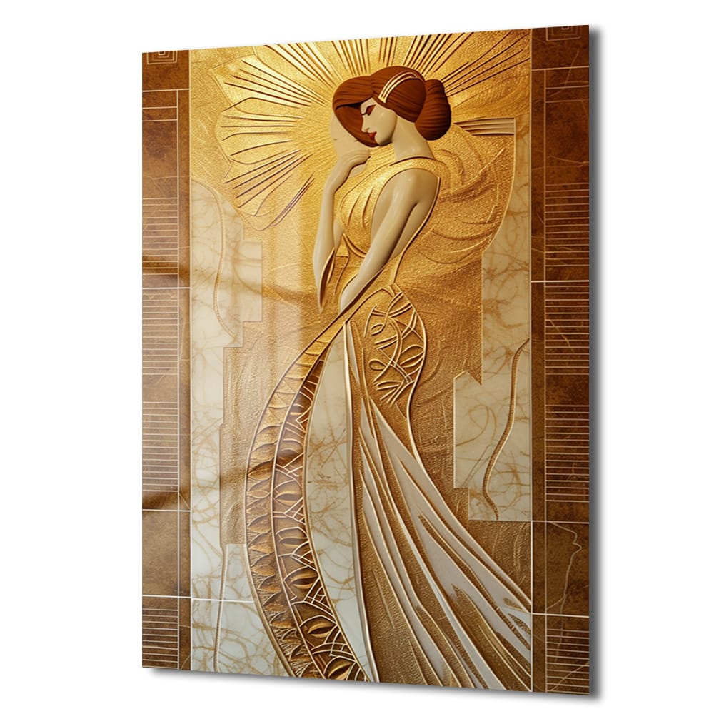 Altın Işıltılı Zarafet: Modern Art Deco Kadın Cam Tablo