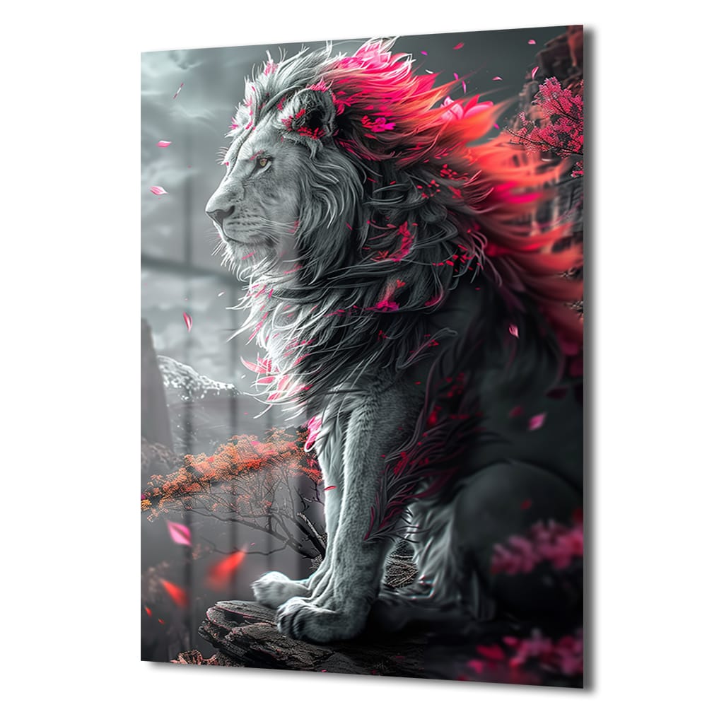 İhtişamlı Pembe Yeleli Aslan Cam Tablo: Gücün ve Zarafetin Modern Sanat Yorumu