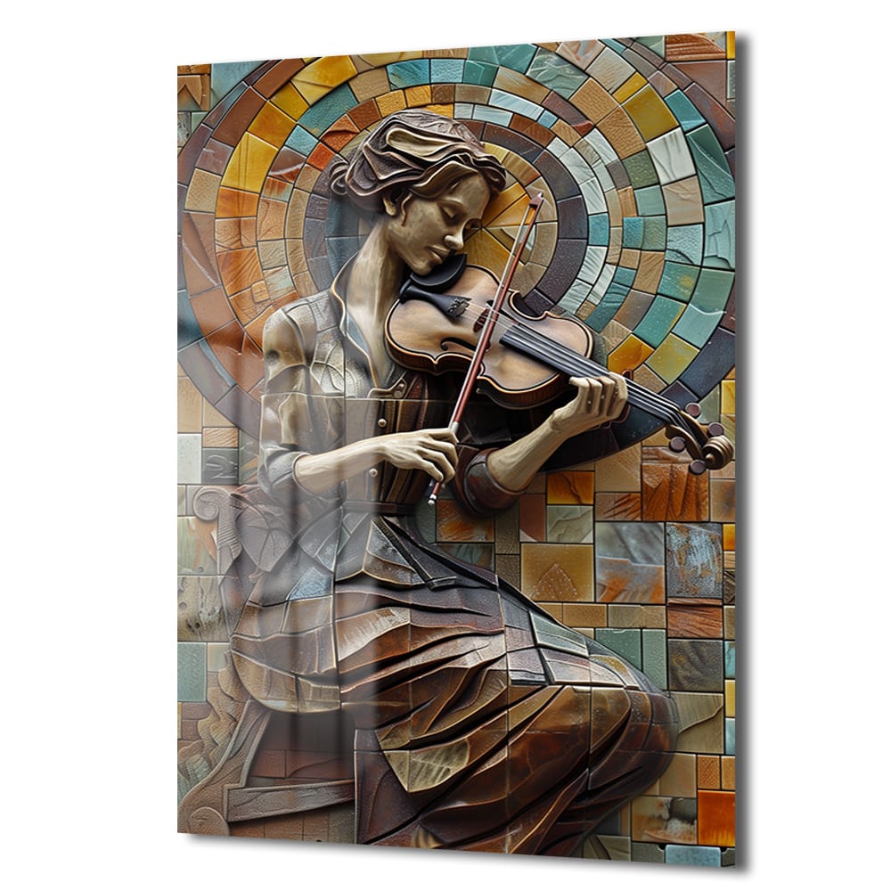 Ruhun Melodisi: Mozaik Sanat Keman Çalan Kadın Cam Tablo