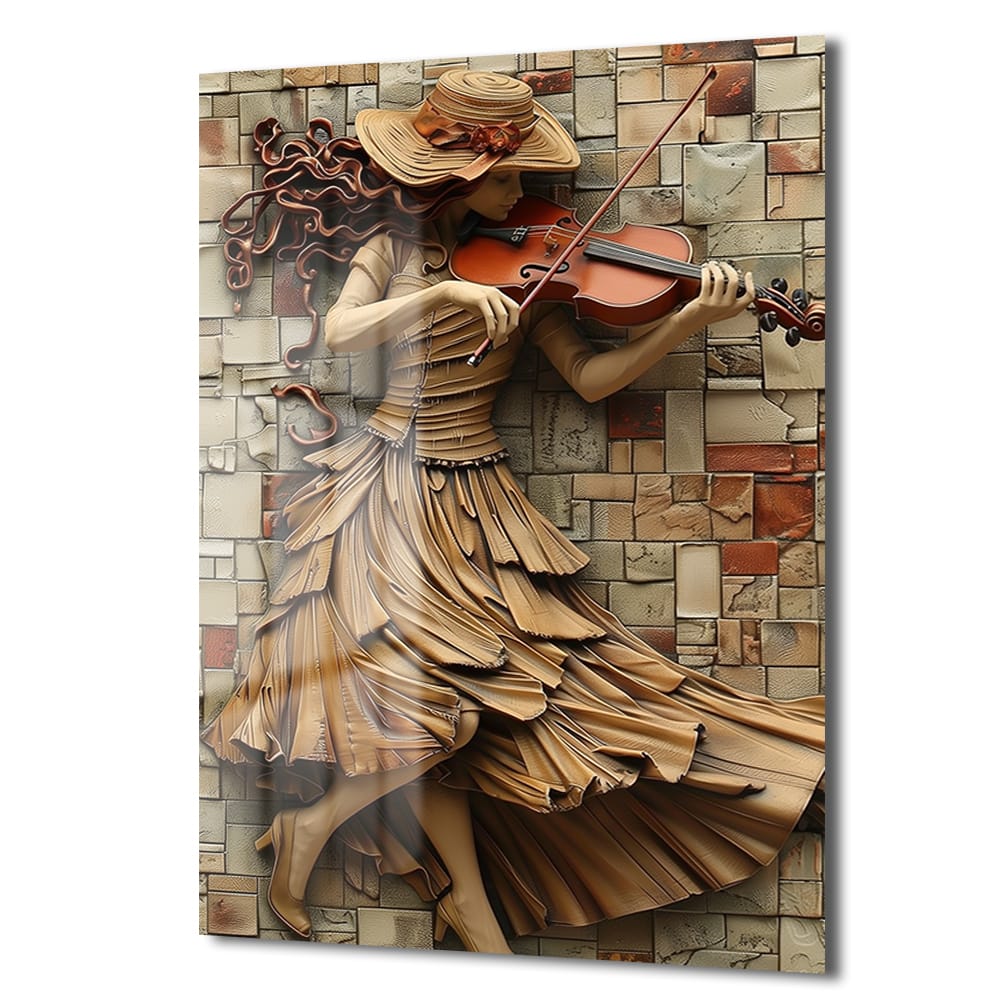 Melodinin Dansı: Keman Çalan Kadın 3D Sanat Etkili Cam Tablo