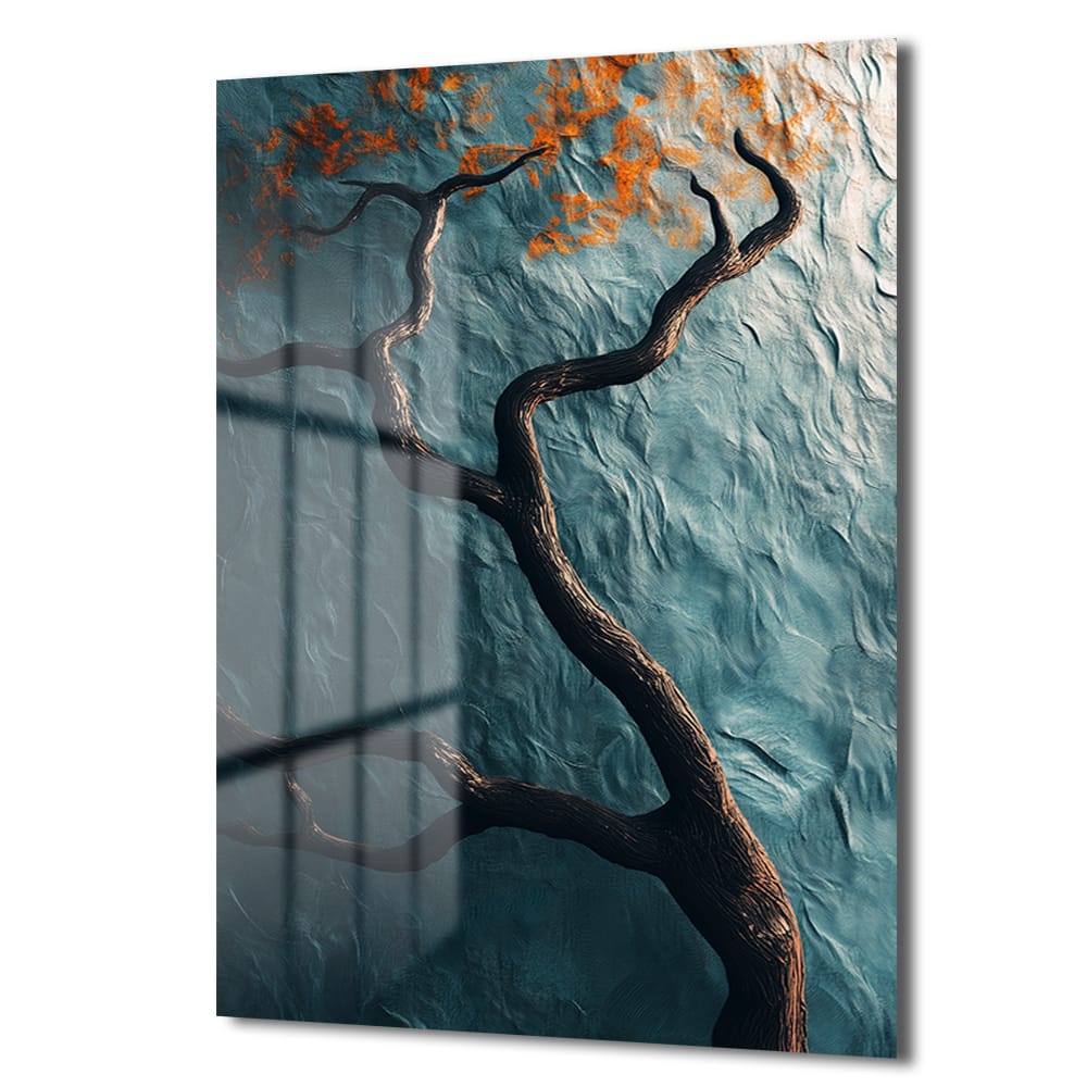 Gizemli Teal Ağaç: Modern Sanat Cam Tablo
