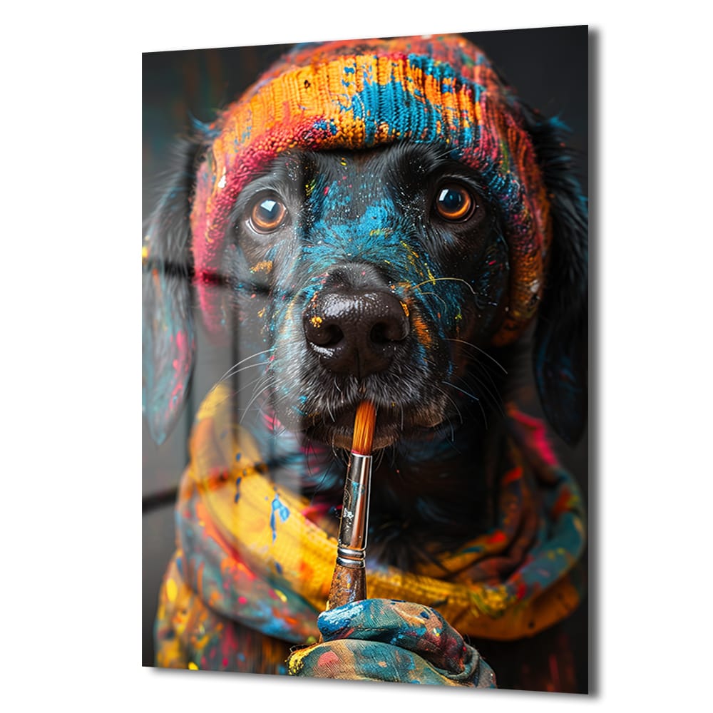 Sanatçı Ruhlu Dost: Renkli Köpek Cam Tablo