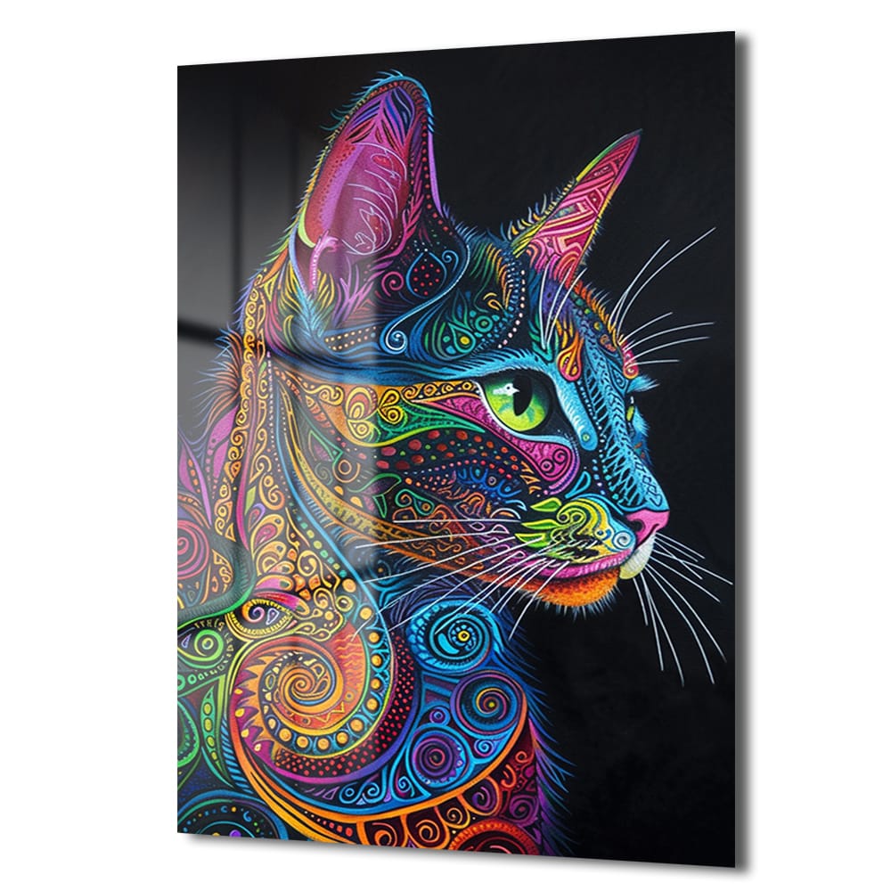Canlı Renklerin Dansı: Psychedelic Kedi Desenli Temperli Cam Tablo