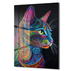 Canlı Renklerin Dansı: Psychedelic Kedi Desenli Temperli Cam Tablo