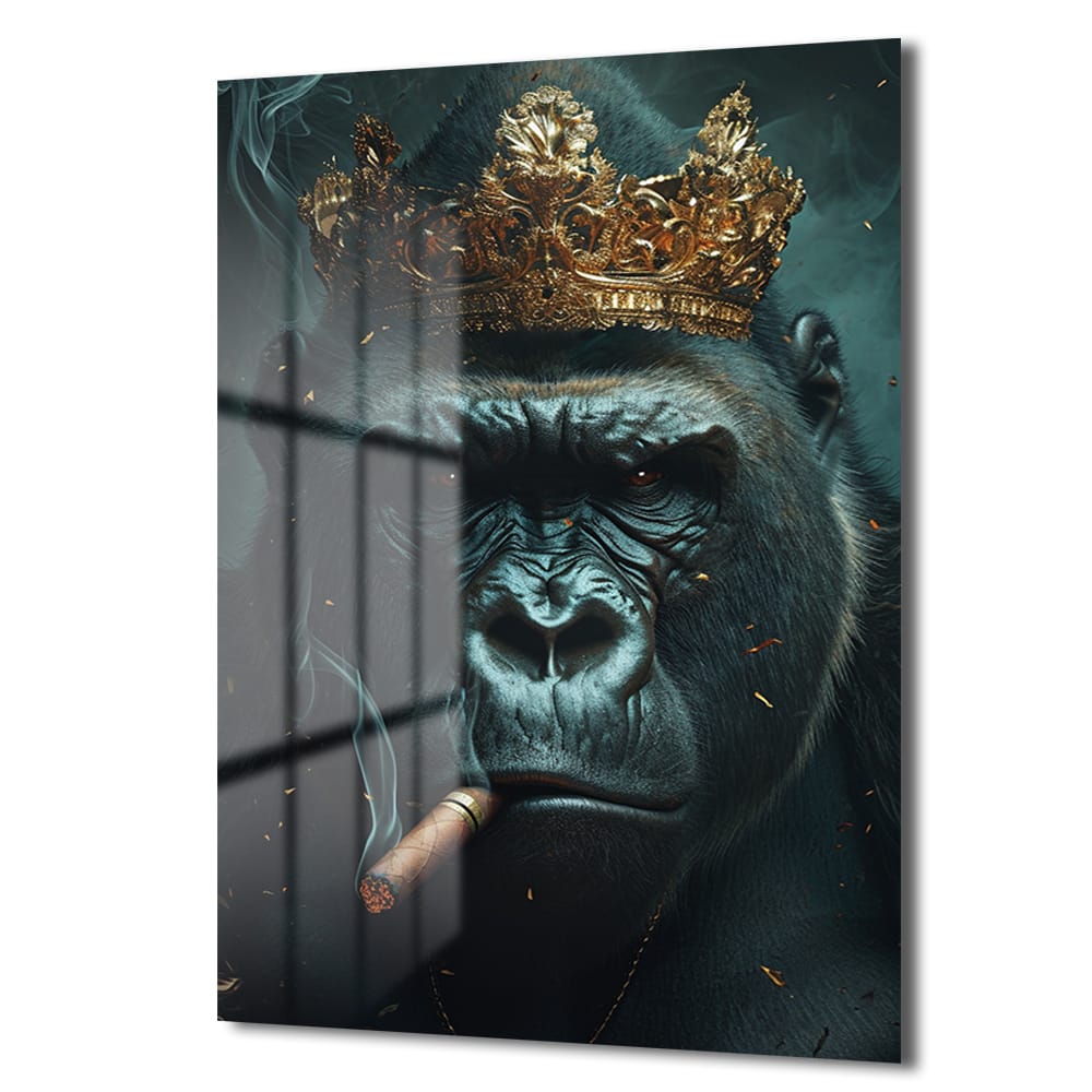Kral Gorilla: Taçlı ve Karizmatik Modern Cam Tablo